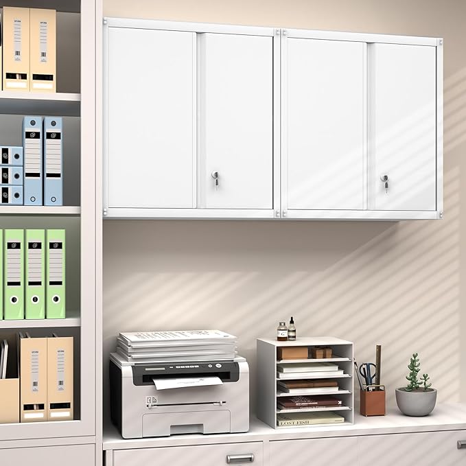 GREATMEET Metal Wall Cabinet, Wall Mounted Cabinet with Doors and Adjustable Shelf, Metal Storage Cabinet with Lock, Wall Cabinet for Garage, Pantry, Utility Room, White