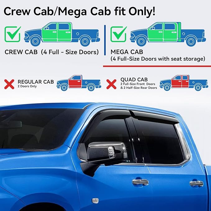 Window Visors Rain Guards for 2009-2018 Ram 1500 Crew/Mega Cab/Full-Size Cab, Window Vent Wind Deflectors Visors Shades for 2010-2025 Ram 2500 & 3500, 2019-2024 Ram 1500 Classic Body Models Only