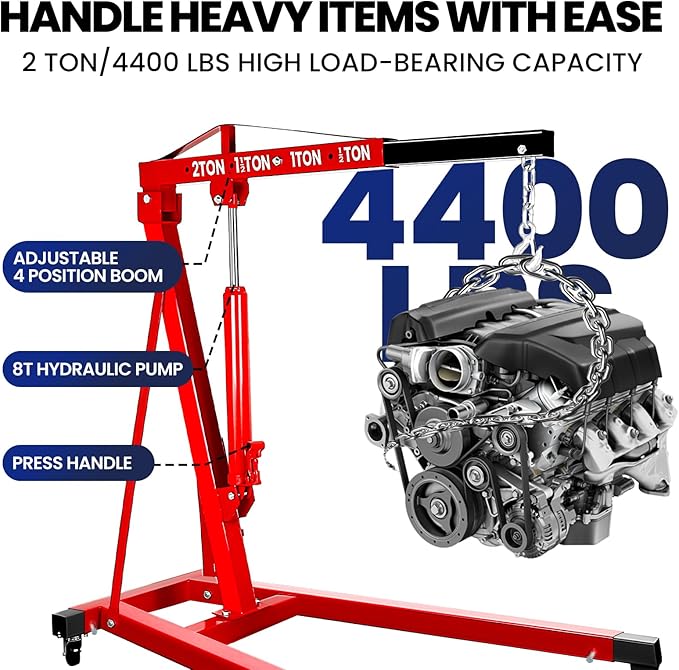 2 Ton Engine Hoist, Carbon Steel Cherry Picker Engine Hoist with 4 Casters, Hydraulic Engine Crane Hoist Cherry Picker Shop Crane for Garage Factory Warehouse, Red