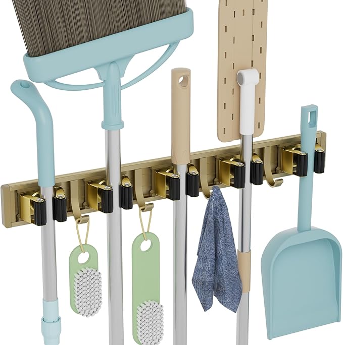 Broom Holder Wall Mount Mop and Broom Hanger Wall Mounted Garage Storage Rack Kitchen Garden Tool Organizer (5 Racks with 4 Hooks, Bronze)
