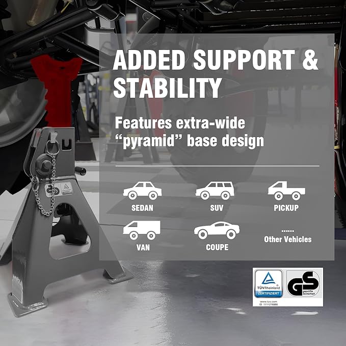 Car Jack Stands 6 Ton with Double Locking and Large Foot Base for Lifting Cars,SUVS,MPVS, Heavy Duty Steel, 13000 lb Capacity, 1 Pair