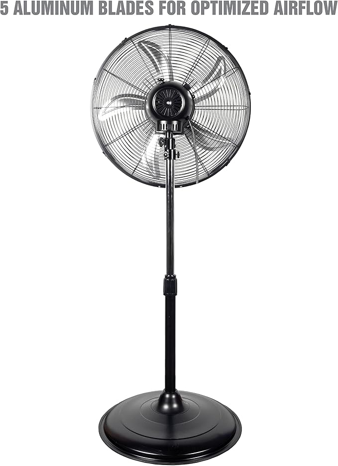 OEMTOOLS OEM24871 20" Oscillating Pedestal Fan, Adjustable Height for Garage, Shop, Gym, Warehouse 4500 CFM Airflow, 3-Speed Enclosed Motor, 5 Aluminum Blades, Dust-Resistant Industrial Purpose