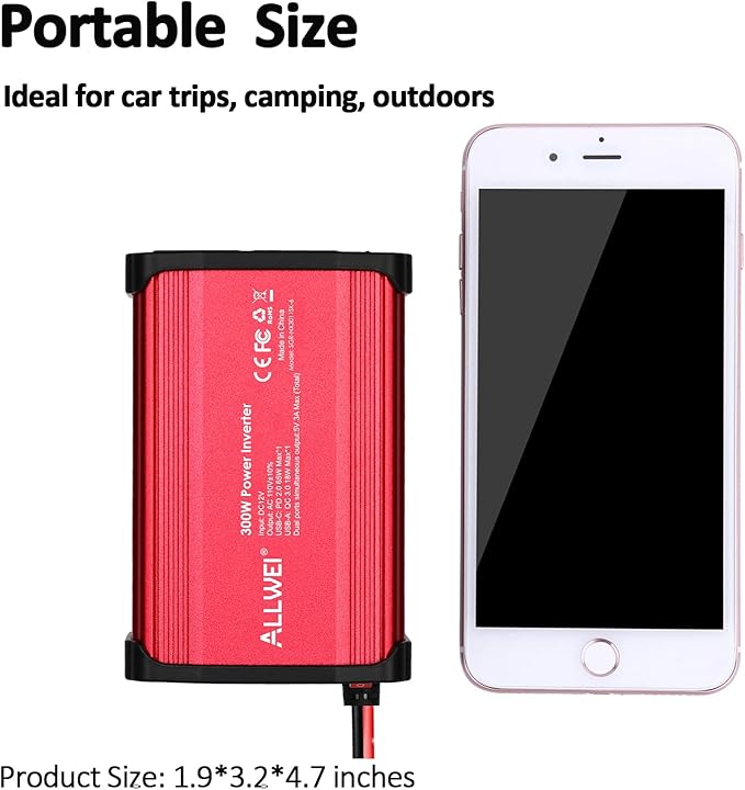 ALLWEI 300W Car Power Inverter with 65W USB-C and 3.0 USB Port - DC 12V to 110V AC Power inverters for Vehicles Converter Fast Charging Ports Car Charger Adapter (Red)
