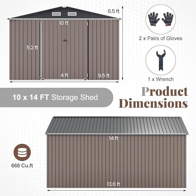 Goplus 10 x 14 FT Outdoor Storage Shed, Large Garden Tool House w/Improved Windproof Metal Structure, 4 Vents, Lockable Door, Waterproof Utility Tool Organizer for Backyard, Lawn, Patio