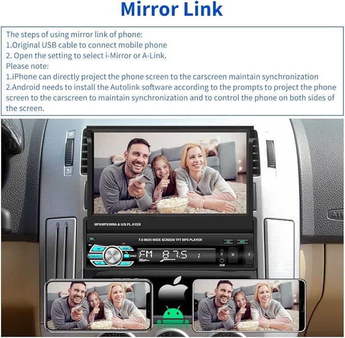 (Stable) Hikity Carplay Single Din Car Stereo, 7 Inch Flip Out Touch Screen Car Radio with Android Auto, Bluetooth, Mirror Link, Backup Camera, FM, USB, SWC, Voice Control Split Screen