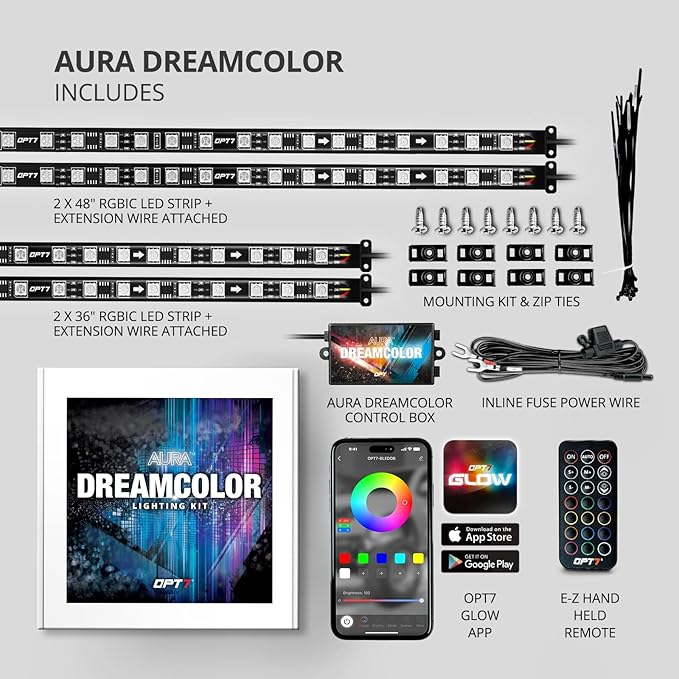 OPT7 Aura DreamColor Underglow Chasing Light Kit with APP & Remote Control, 4 PCS Flexible RGBIC LED Light Strips, Exterior Neon Accent Underbody Lights for Car Truck RV, Multi Colors Music Mode, 12V