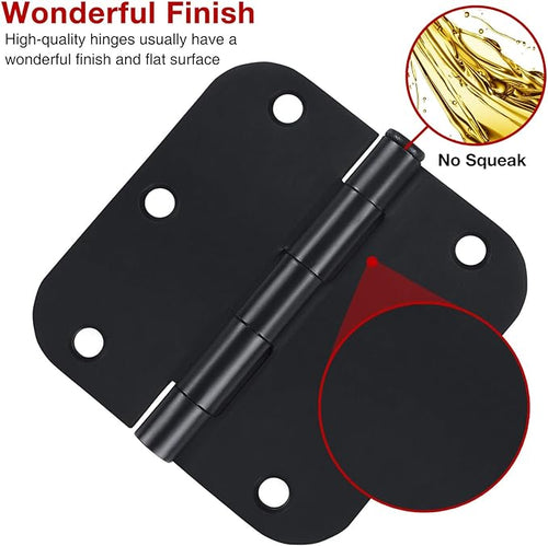 1 Pack Rounded Matte Black Door Hinges 3.5 Inch 5/8" Radius for Interior 3 1/2" Flat Iron Bifold Residential Standard Bedroom Indoor for Doors 3 ½"Hardware Control House Decor Essentials Accessories