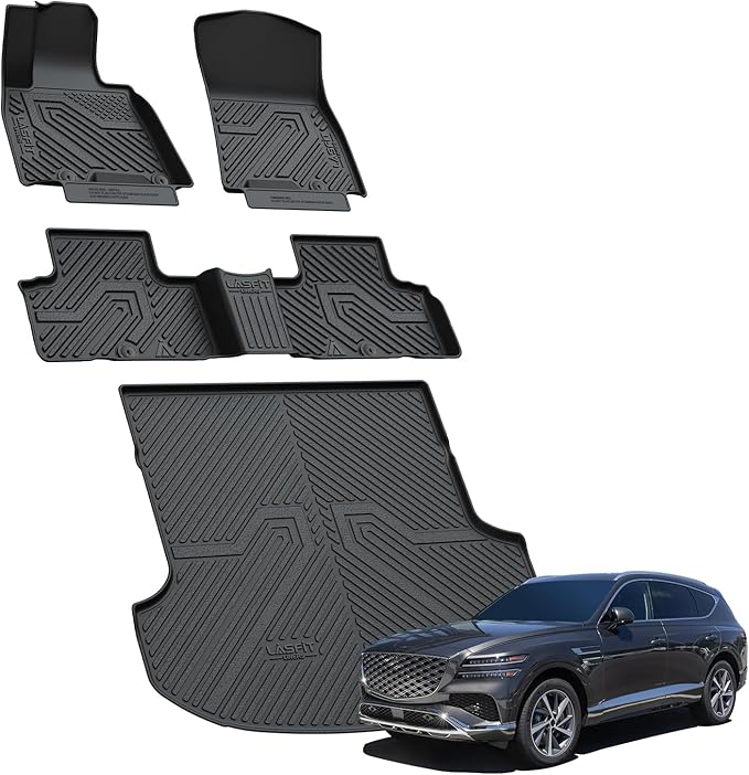 LASFIT Floor Mats & Cargo Mat for Genesis GV80 2021-2024(Fit 5 Seats), TPE All Weather Protection Custom Fit 1st & 2nd Row Rubber Floor Liners for GV80 Automotive Accessories, Black, Easy to Clean