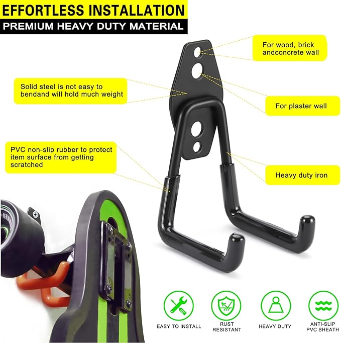4 Pack Heavy Duty Garage Hooks Storage Organizer Wall Mount Power and Garden Tool Hangers, for Hanging Ladders, Ropes, Hose, Bulk Items
