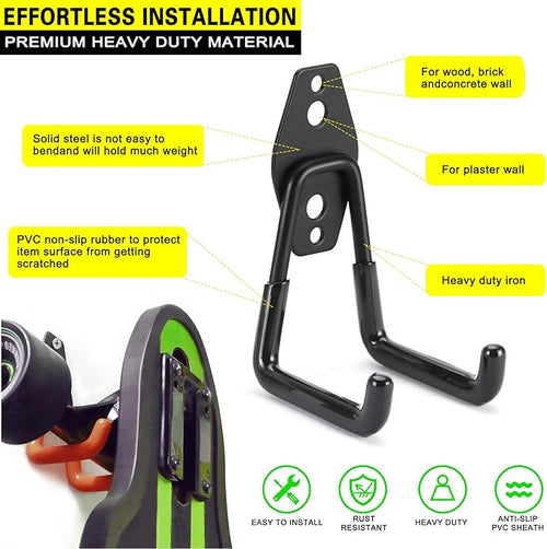 4 Pack Heavy Duty Garage Hooks Storage Organizer Wall Mount Power and Garden Tool Hangers, for Hanging Ladders, Ropes, Hose, Bulk Items
