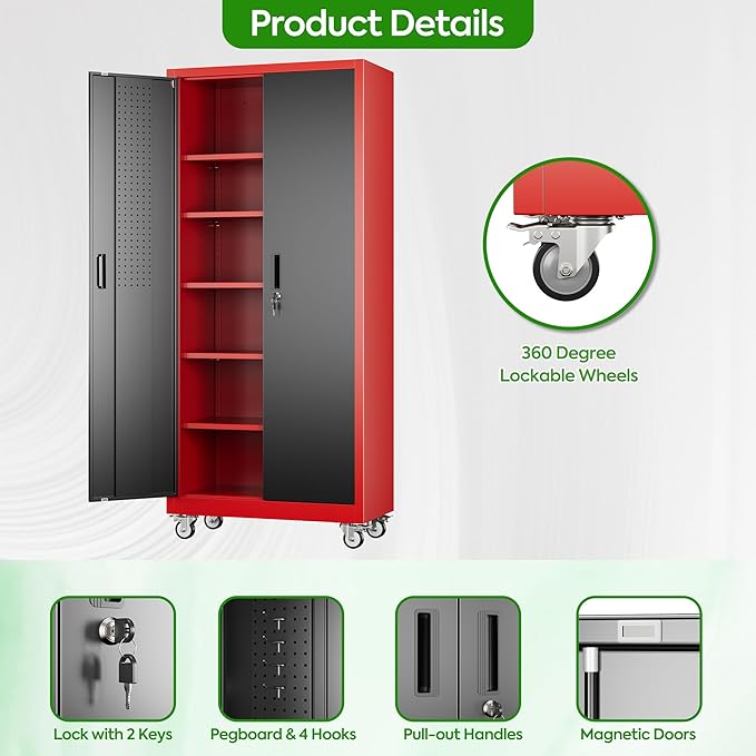 Garage Storage Cabinet with Pegboard and 5 Adjustable Shelves, 71'' x 32'' x 16''Metal Lockable Cabinet with Magnetic Doors,Tool Storage,Home Office Garage,Gym,School (Black-red)