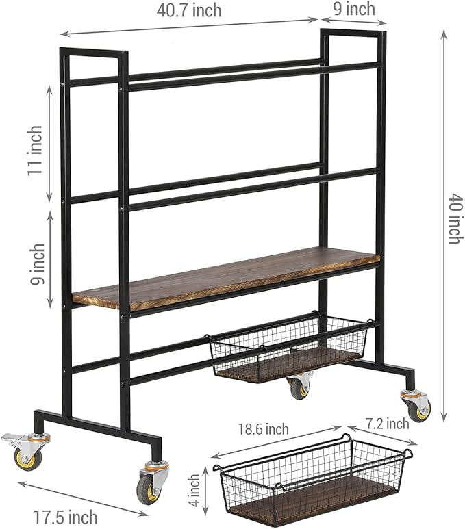 MyGift Sports Ball Organizer for Garage with Wheels, 4 Tier Large Heavy Duty Basketball Holder Stand, Black Metal Sports Equipment Storage Rack with Burnt Solid Wood Shelf, and 2 Basket Training Equip