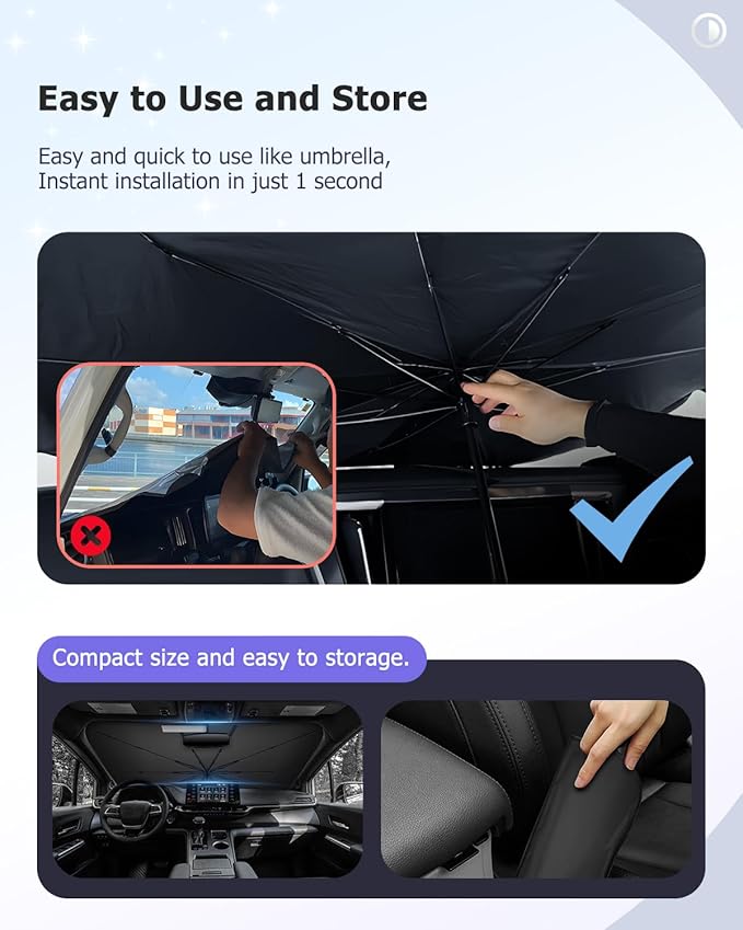 2025 Upgrade Car Windshield Sun Shade Windshield Sunshade Umbrella [Star Fabric] Protect Car from Sun Rays&Heat Damage Keeps Vehicle Cool, Spring Structure Edge Fits Sedans,SUVs,Trucks,Hatchbacks (L2)