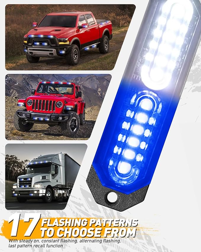 HLauto 1200T Emergency Strobe Grille Lights: 8pcs 12 LED Sync Feature Safety Warning Flashing Lights, Ultra Slim Surface Mount Hazard Caution Lights for Trucks, Vehicles, Car, ATV, UTV (Blue White)