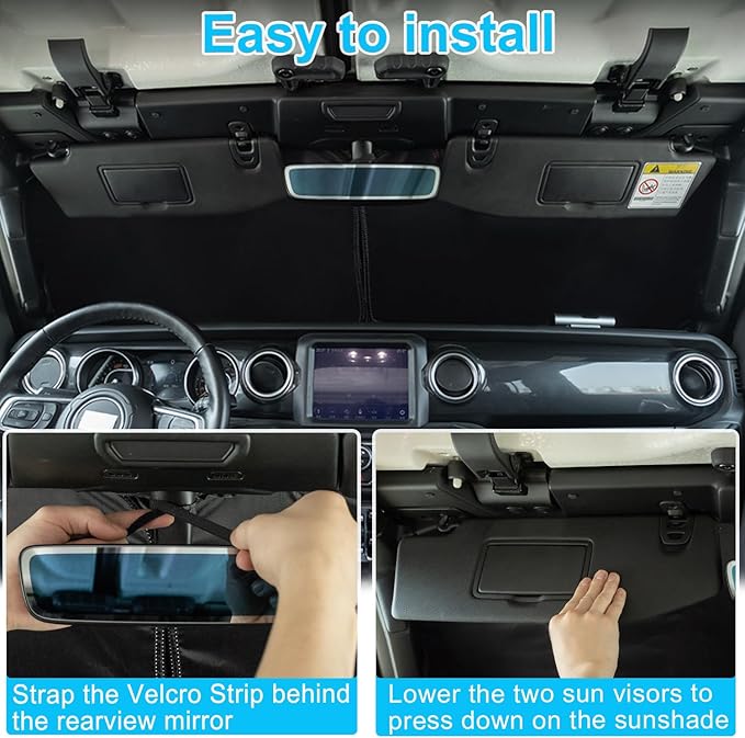 Premium Windshield Sun Shade for 2018-2025 Jeep Wrangler JL JLU & 2020-2025 Jeep Gladiator, Reflective 310T Material Front Window Sun Visor Blocks UV Rays Foldable Sunshade with Storage Pouch