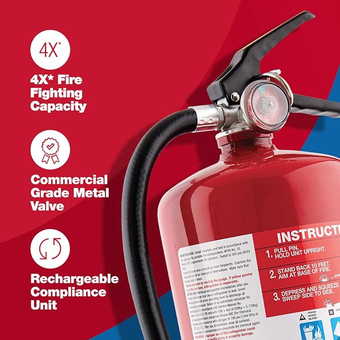 First Alert PRO10 Rechargeable Commercial Fire Extinguisher, UL rated 4-A:60-B:C, Red, 1-Pack