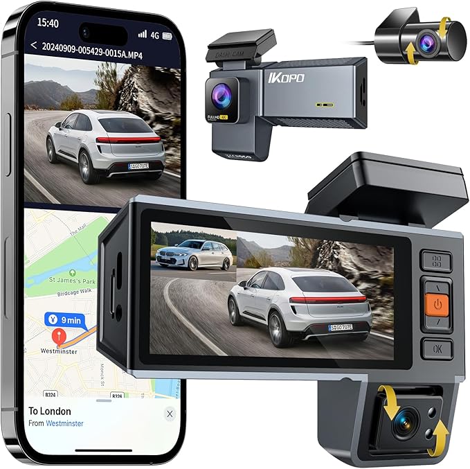 4K Dash Cam Front and Rear and Inside, UHD 2160P Night Vision 3 Channel Dash Camera for Cars, 3.16'' IPS Screen Dual Dashcam with Speed Recording, App Control,24H Parking Mode,G-Sensor