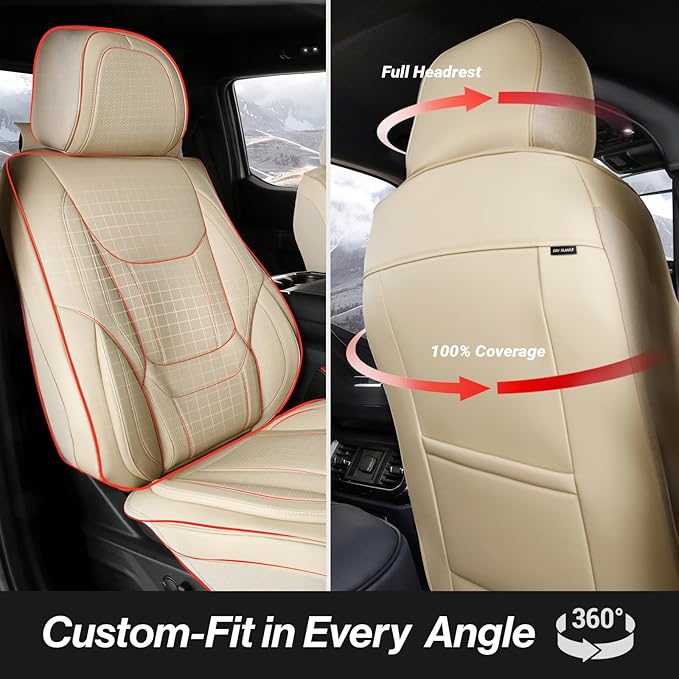 Coverland Custom Car Seat Covers Compatible with 2005-2021 Frontier King Cab, Crew Cab - Premium Leather Non-Slip Waterproof Cover Interior Protector Full Set-Beige [See Size Chart-Size X116]