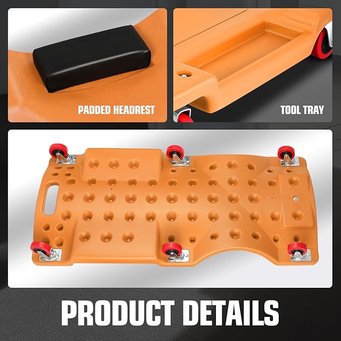 DNA MOTORING 36" L X 17" W x 4.25" H Vehicle Repair Low Profile Automotive Creeper w/Padded Headrest, Orange, TOOLS-00201-OG