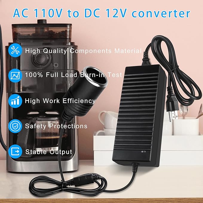 inShareplus 12V 120W 10A AC to DC Converter (3 Pin), 110V to 12V Cigarette Lighter Adapter to Wall Outlet Socket, 12 Volt Power Supply Transformer for Car Devices (MP3, Fan, Dash Cam ect.)
