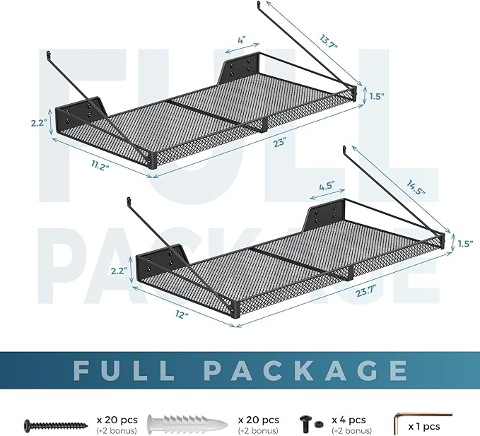 Garage Wall Shelf (2PCS-23.6"x12"x2.2") Steel Wall Shelf Storage Rack-design of TRIANGULAR BRACKET, Wall Mount Heavy Duty Metal Shelves Mesh Storage Rack for Garage, Office, Basement Kitchen, Closet