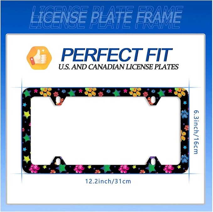 Colorful Animal Paw and Star License Plate Frame Colorful License Plate Stainless Steel Parts Funny License Plate Decorative with Screws Size 12.3" x 6.3" for Men Women