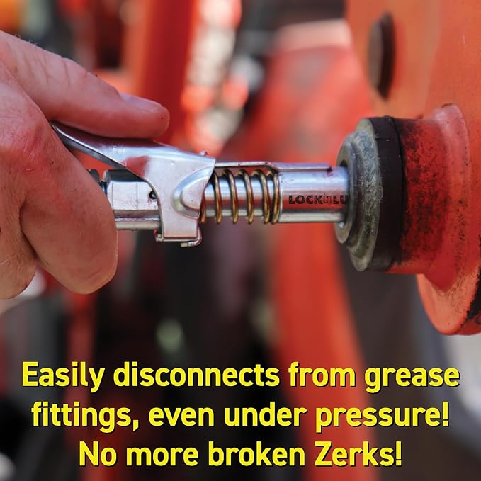 LockNLube Grease Gun Coupler locks onto Zerk fittings. Grease goes in, not on the machine. World's best-selling original locking grease coupler. Rated 10,000 PSI. Long-lasting rebuildable tool.