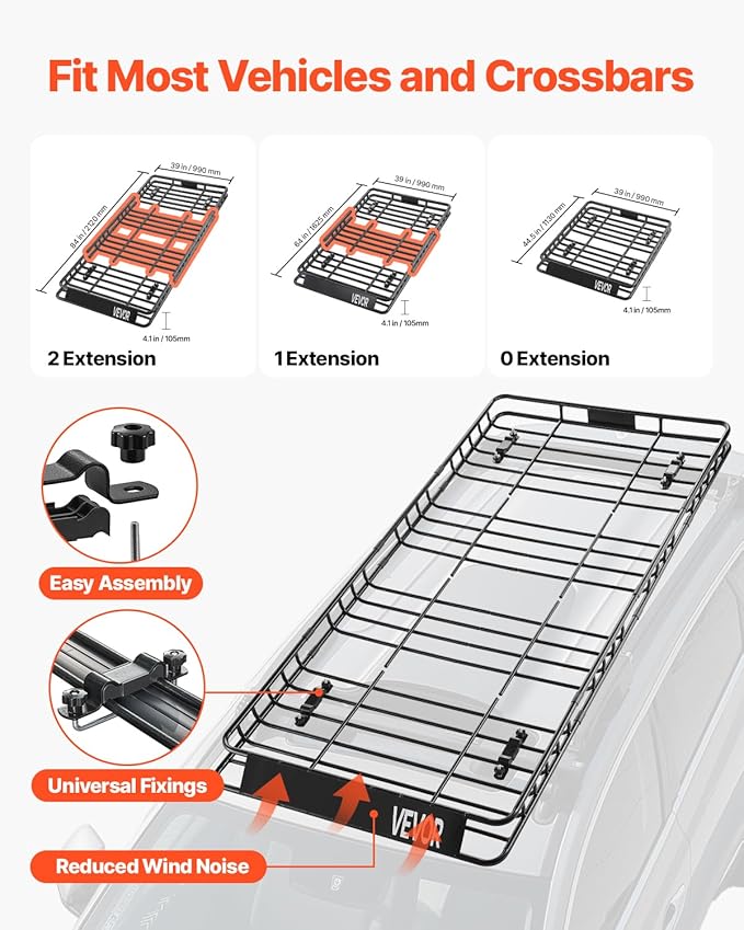 VEVOR Roof Rack Basket, 84 x 39 x 4.1 in, Universal Rooftop Cargo Carrier with 7.9 x 3.9 x 10.2 in Cargo Bag, Net, Ratchet Straps, 250 lbs Max Load Capacity Car Top Luggage Holder, for SUV Truck Car