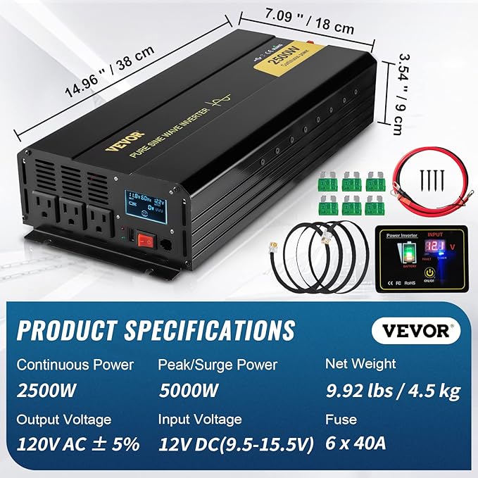 VEVOR 2500W Pure Sine Wave Inverter, 12V DC to 120V AC Car Inverter, 3 AC Outlets, USB Port, LCD Display, Remote Controller, Black, for RV Truck Car Solar System Travel Camping