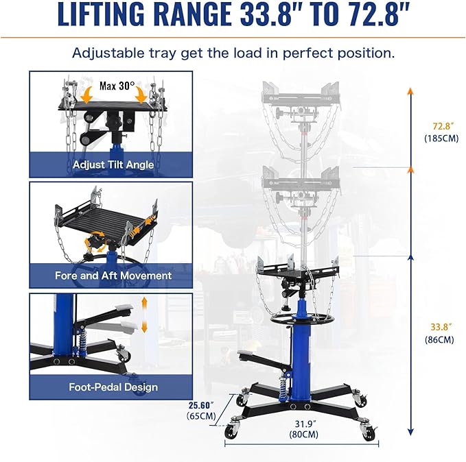 Transmission Jack with Wheels-Hydraulic Transmission Jack with Foot Pedal, 1/2Ton(1322LBS) High Telescoping Lift Jacks 33.8" to 72.8" for Garage and Shop