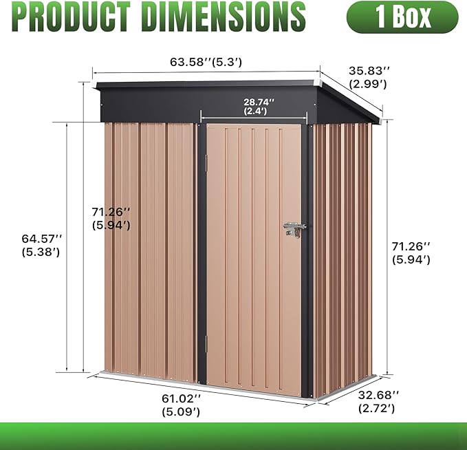 Aoxun 5'x3' Outdoor Storage Shed with Base Metal Garden Shed for Outside(Brown, 5' x 3'W/Base)