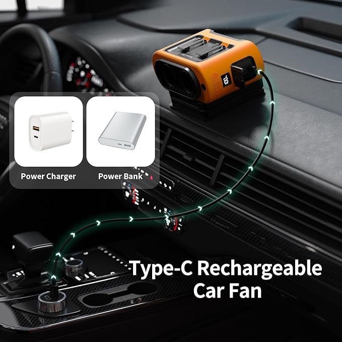 Socool Portable Car Fan - 14500mAh Rechargeable Battery Opearated, Clip on Car Seat Headrest 360 Rotatable, 5-Speed Backseat Fans for Baby Rear Facing Cooling with Dual Air Outlets for SUV RV Truck