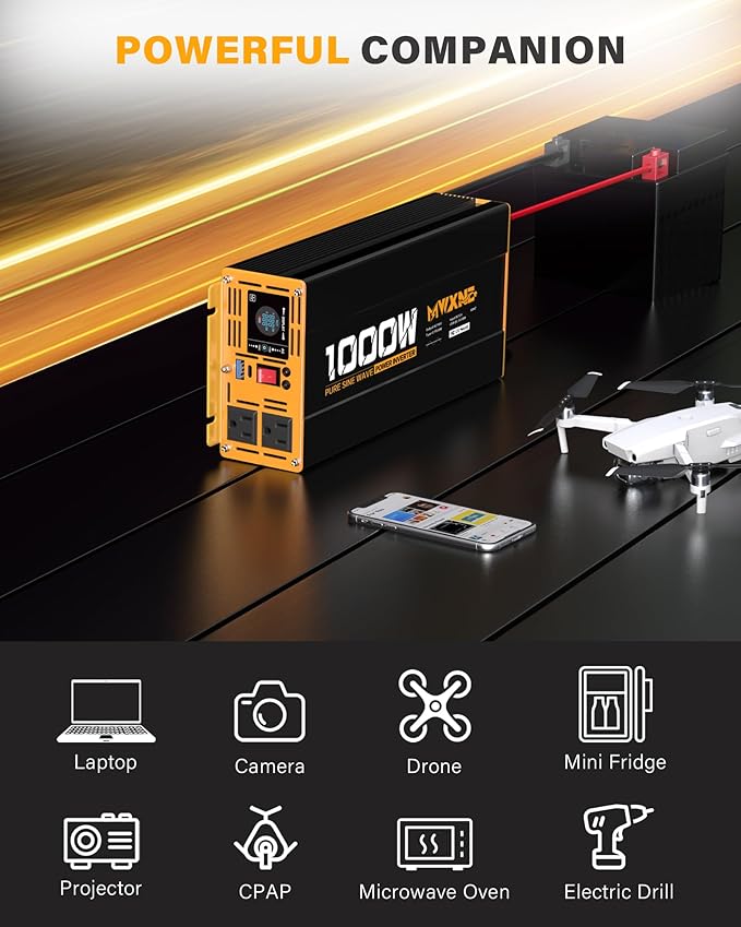 1000W Pure Sine Wave Power Inverter 12V DC to 110V 120V AC Converter with 2 AC Outlets, QC3.0/PD30W Fast Charging USB Ports, LCD Display and Remote Control, Car Inverter Adapter for Vehicles