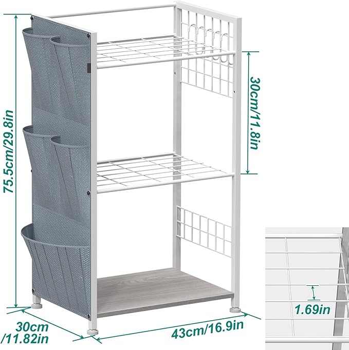 YBING Garden Tool Organizer, Yard Tool Stand with Side Storage Pockets, Yard Tower Rack for Garage Storage, Freestanding Tools Organizers and Storage for Shed, Gray
