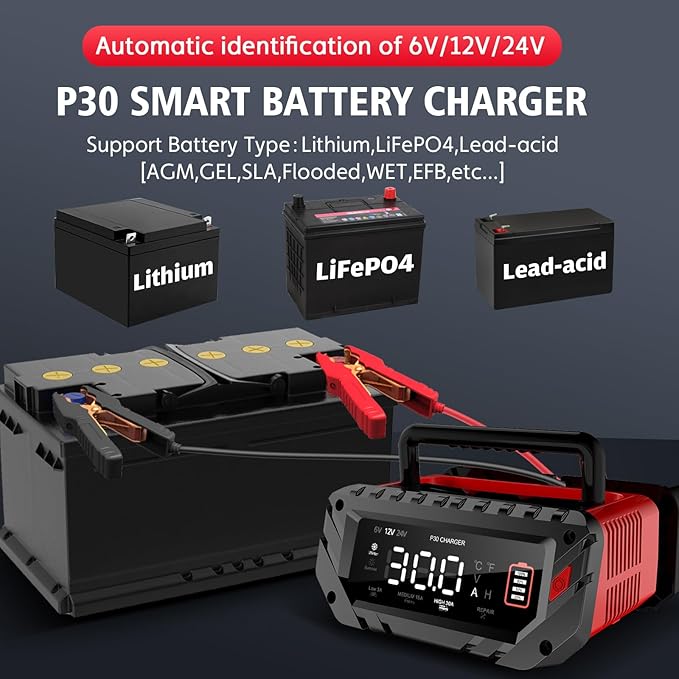 30 Amp Lithium Battery Charger,6V10A/12V30A/24V16A Lifepo4,Lead-Acid(AGM/Gel/SLA..) Smart Car Battery Charger,Battery Maintainer,Trickle Charger, and Battery Desulfator for Car,Boat,Motorcycle