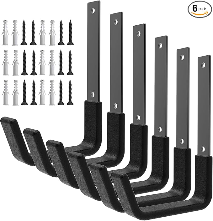 Heavy Duty Utility Hooks for Wall Mount, Garage Wall Hooks, Multi-Use Hose, Bike, Ladder, Chainsaw & Leaf Blower Hanger - 6 Medium (6 M)