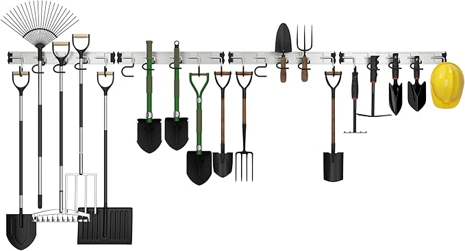 69'' Aluminum Alloy Garage Tool Organizer Hooks,Broom Holder Wall Mount, Adjustable Garden Wall Mount Holder for Hanging Shovel Broom Rake Bulk Items and More