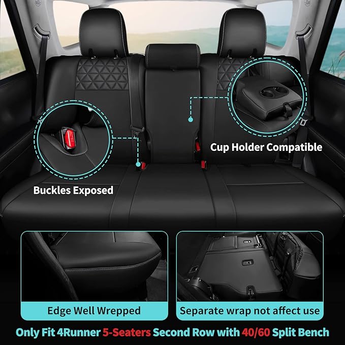 Seat Covers for Toyota 4Runner 2011-2024, Faux Leather Car Seat Cover Full Set, 2-Row-Only for 5 Seats Version-Blackwhite