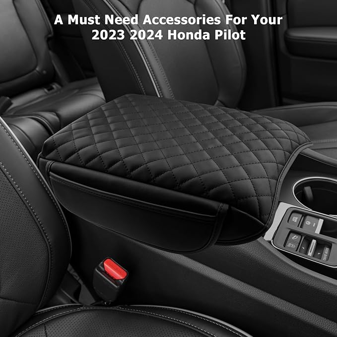 LUWU Center Console Cover Compatible with 2023 2024 2025 Honda Pilot & 2024 2025 Ridgeline & 2024 2025 2026 Honda Passport Accessories Armrest Console Cover Leather Interior Accessories (Thick Black)