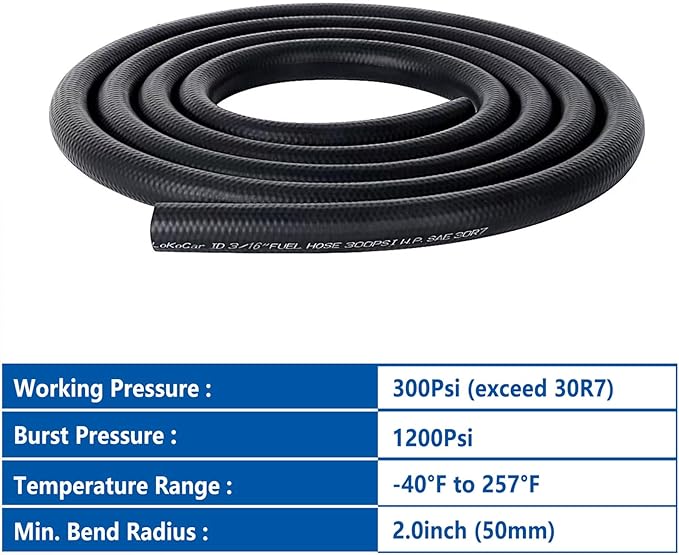LokoCar Rubber Fuel Hose Line Push Lock 3/16" ID SAE 30R7 NBR 5ft 300PSI Black