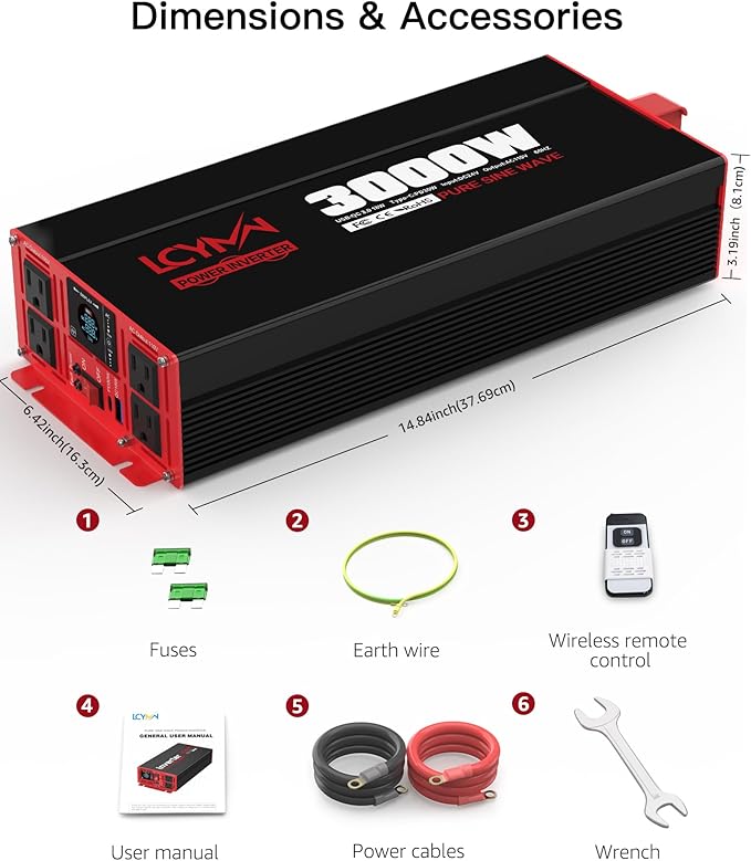 3000 Watts Pure Sine Wave Power Inverter 24V DC to 110V 120V AC Converter for Home RV Off Grid Truck Solar System Inverters with Type-C PD30W USB QC3.0 Port 4 AC Outlets LCD Display and Remote Control