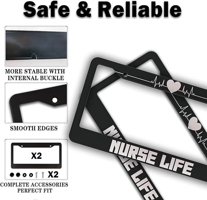 License Plate Protector Black and White License Plate Frames Nurse Life Universal Aluminum Car Accessory 2 Pack with Screw Covers Set