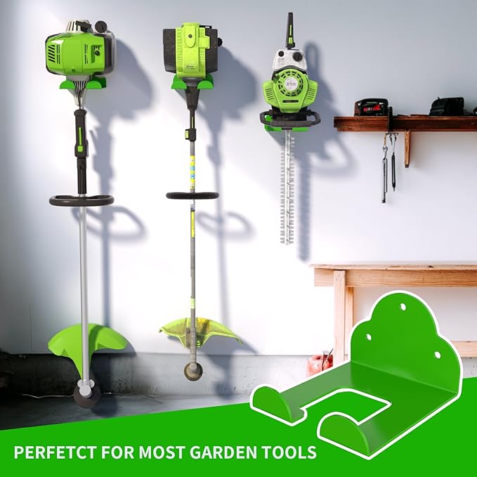 Trimmer Rack Wall Mount, Heavy Duty Weed Eater Hanger for Grass Trimmer, Hedge Trimmer, Leaf Blower, Chainsaw, Garage Organizer Tool Holder with 6.2" Hook for Garage Storage Shed Organization, Green