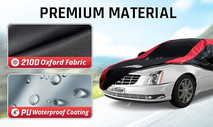 Car Cover Waterproof All Weather with Red Strip Design, Custom Fit for DTS(2006–2011), XTS(2013-2019), CT6(2016-2020), DTS Accessory with Door Zipper & Windproof Straps