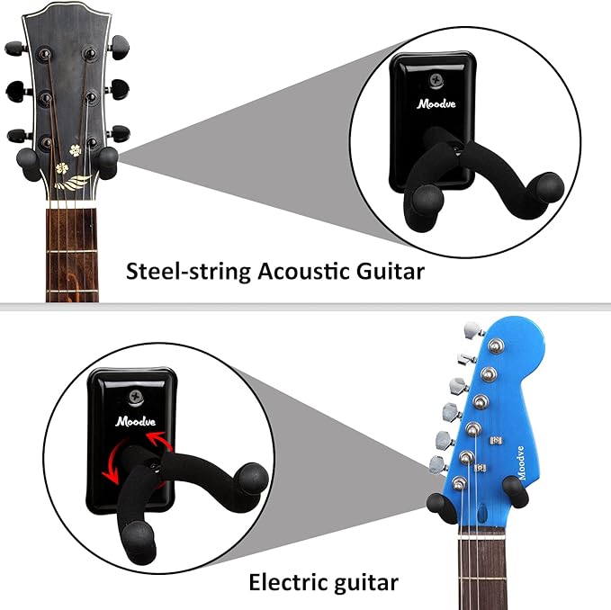Guitar Wall Mount Hanger, 4-Pack Real Hardwood Guitar Hanger for Wall, Guitar Hook Holder Stand for Bass Electric Acoustic Guitar Ukulele (Black Metal)