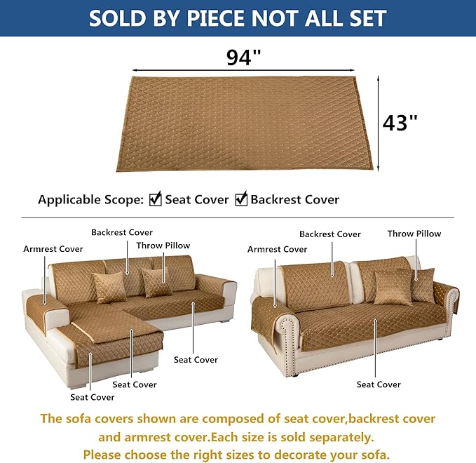 Eismodra Couch Cover,Sectional Couch Covers,Sofa Covers for 3 Cushion Couch,Anti-Slip Sofa Slipcovers for Dogs Cats Kids Loveseat Recliner L Shaped Armrest Backrest,Coffee 43''x94''(Only 1 Piece)
