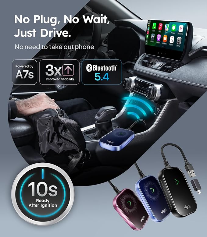 Wigoo 2025 Upgrade Wireless CarPlay Adapter for iPhone [Long-Drive Stability, 10s Connect, Easy Use] Converts Wired to Wireless, Low Delay CarPlay Dongle, Fit for Cars with Wired CarPlay, Pink