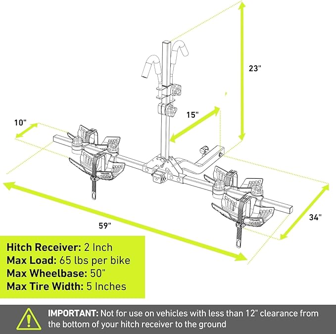 Vibrelli Electric Bike Hitch Rack - 2 Ebike Rack Fits Fat Tire, Mountain Bike, Standard Bicycles - 65lbs per Bike - Patented Anti-Wobble - Cars & SUV - Tilt Down/Fold Up Platform - Locking Tow Mount