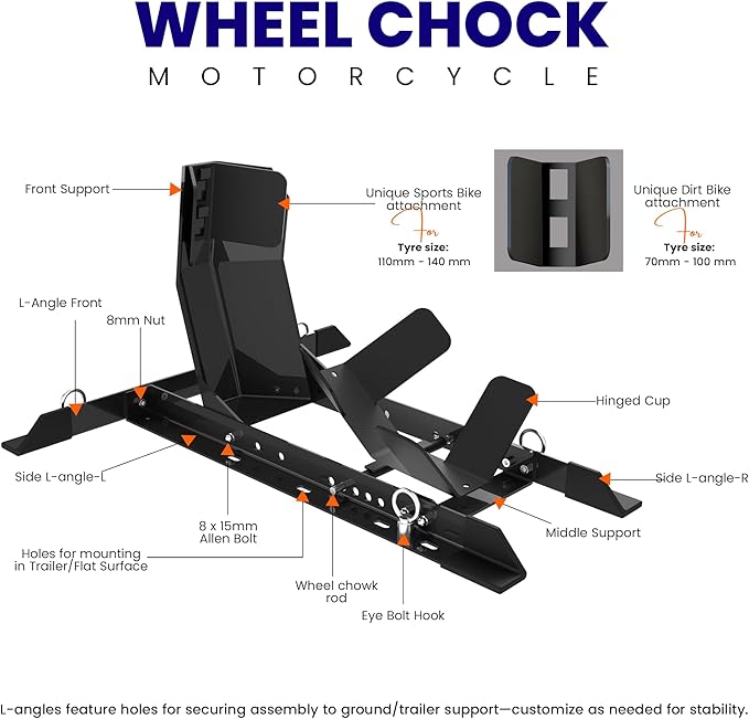 GRAND PITSTOP Universal Wheel Chock for Motorcycle Stand for Trailer Completely Adjustable Detachable Foldable Wheel Chock (Black)