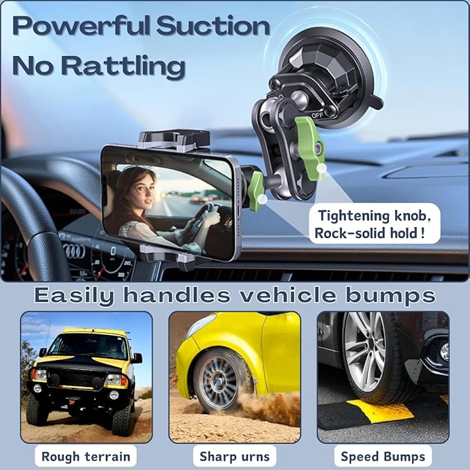 Suction Cup Phone Mount, Ultra-Stable Phone Holder for Vlog Shooting, 360 Rotation for Windshield, Roof Glass, Car Window, Fit for All Smartphones